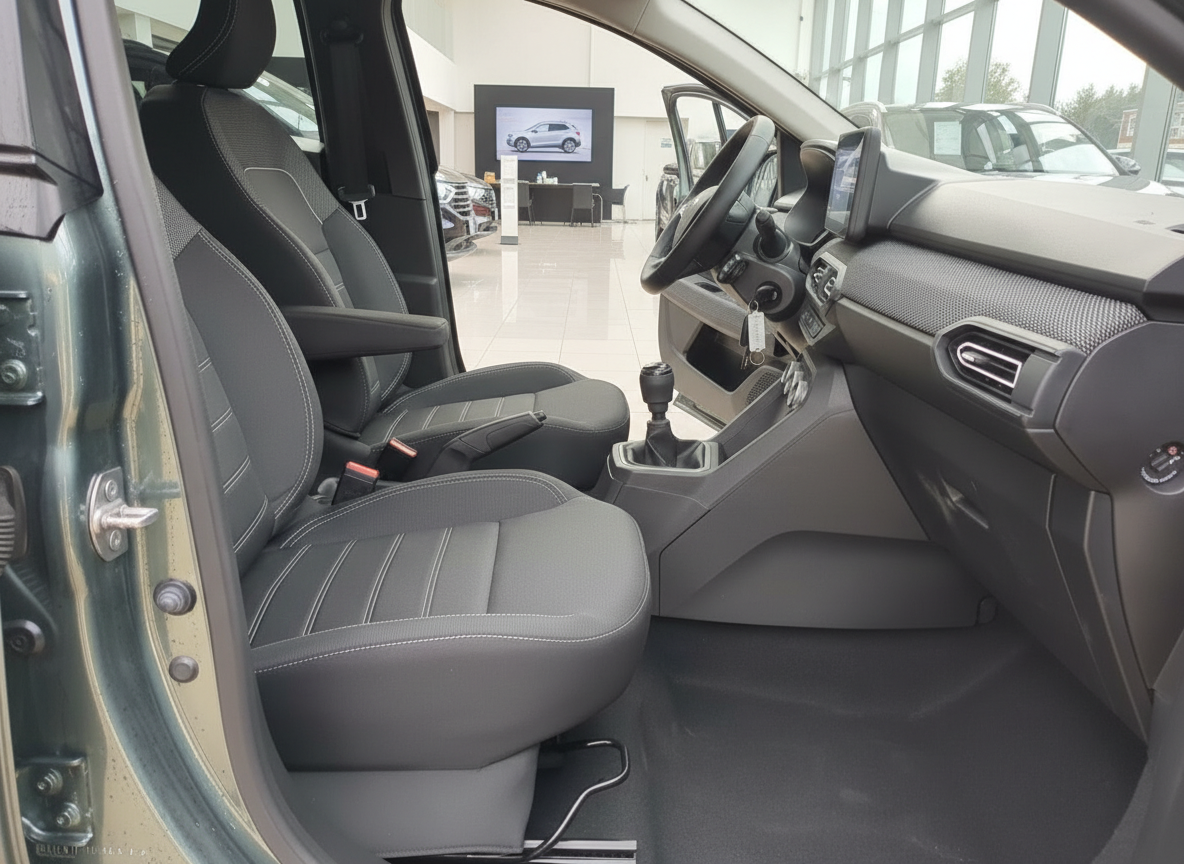 Innenraum Fahrerseite mit schwarzen Stoffsitzen, Schaltgetriebe und Armaturenbrett im Autohaus