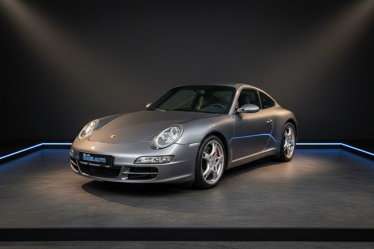 Porsche 911 Carrera (997) Coupé in Silbergrau – Sportfahrzeug in professionellem Fotostudio