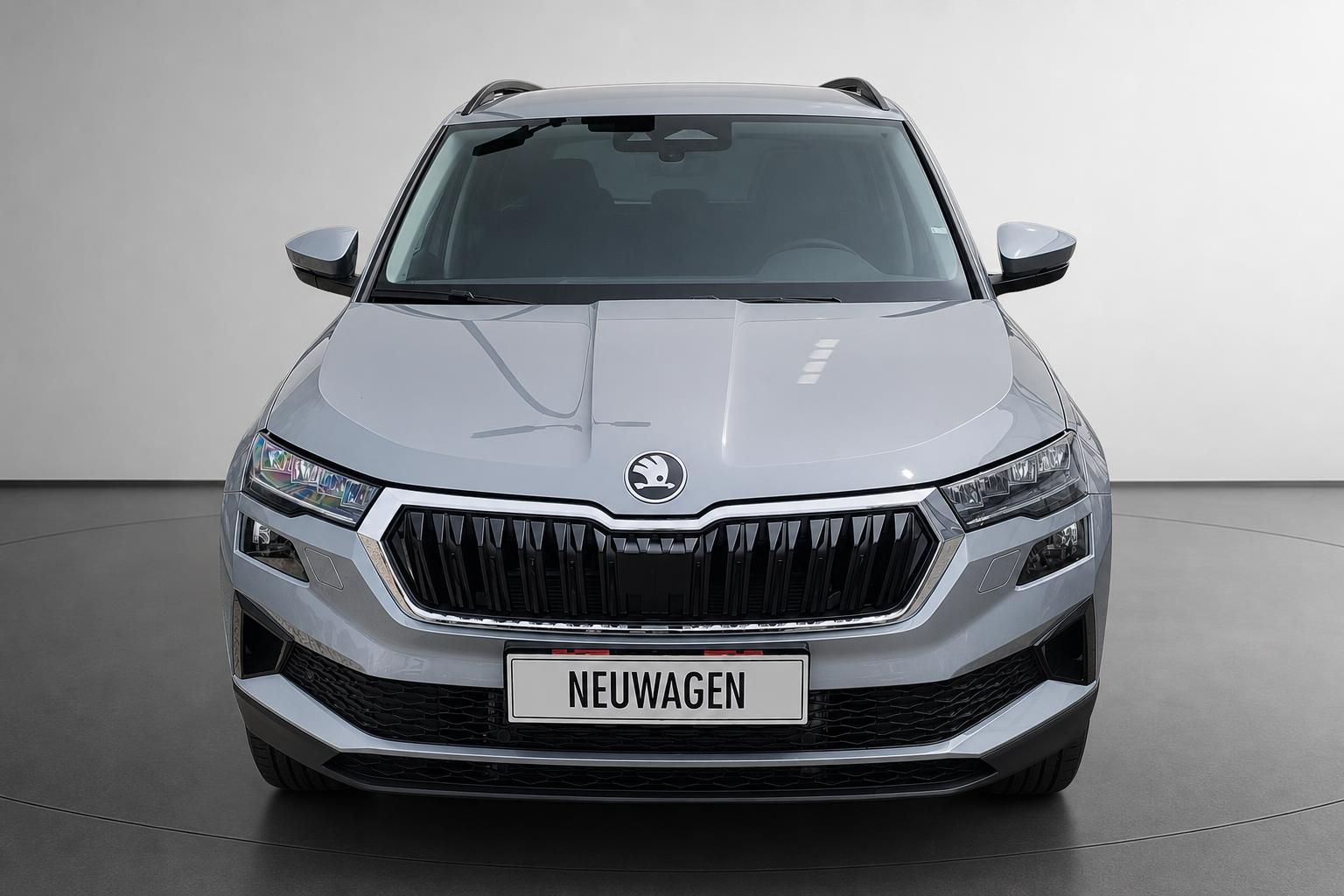 Skoda Karoq SUV in Silber, Frontansicht im Studio