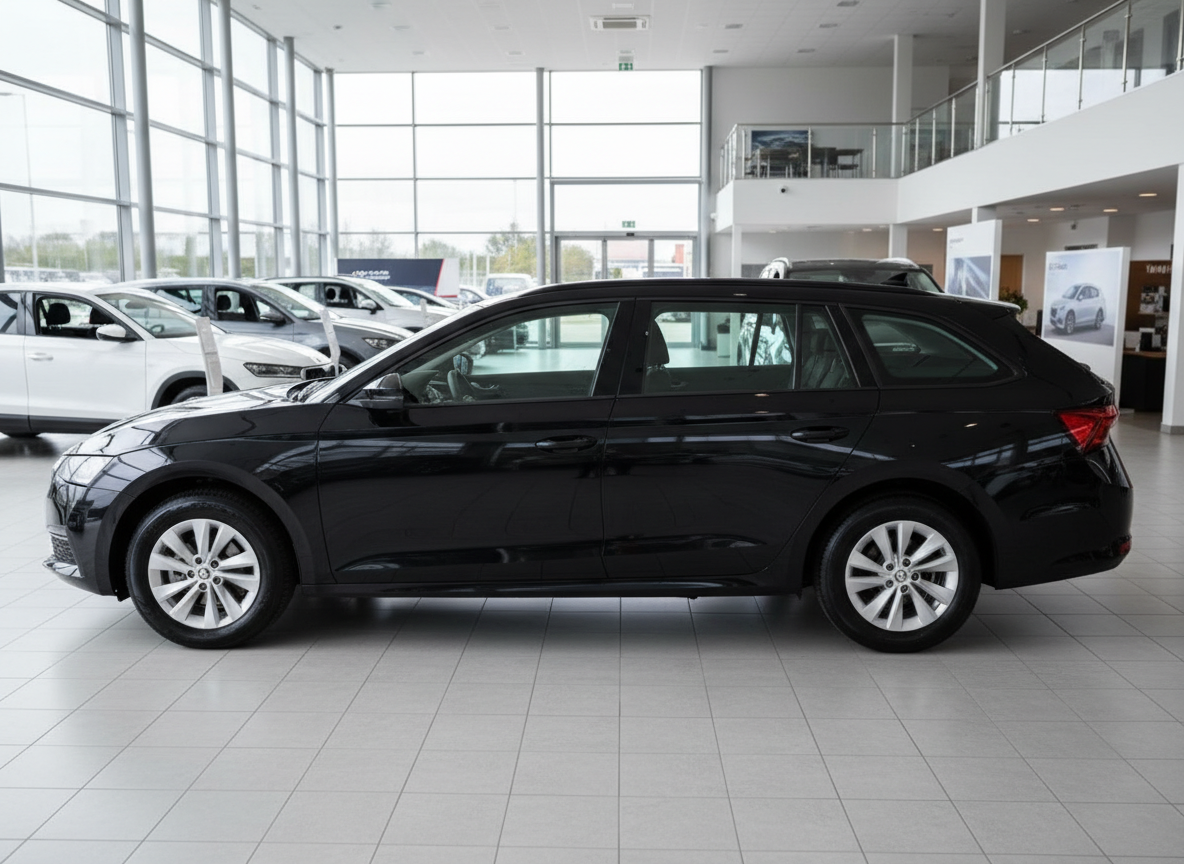 Schwarzer Škoda Octavia Combi Seitenansicht im Autohaus-Showroom