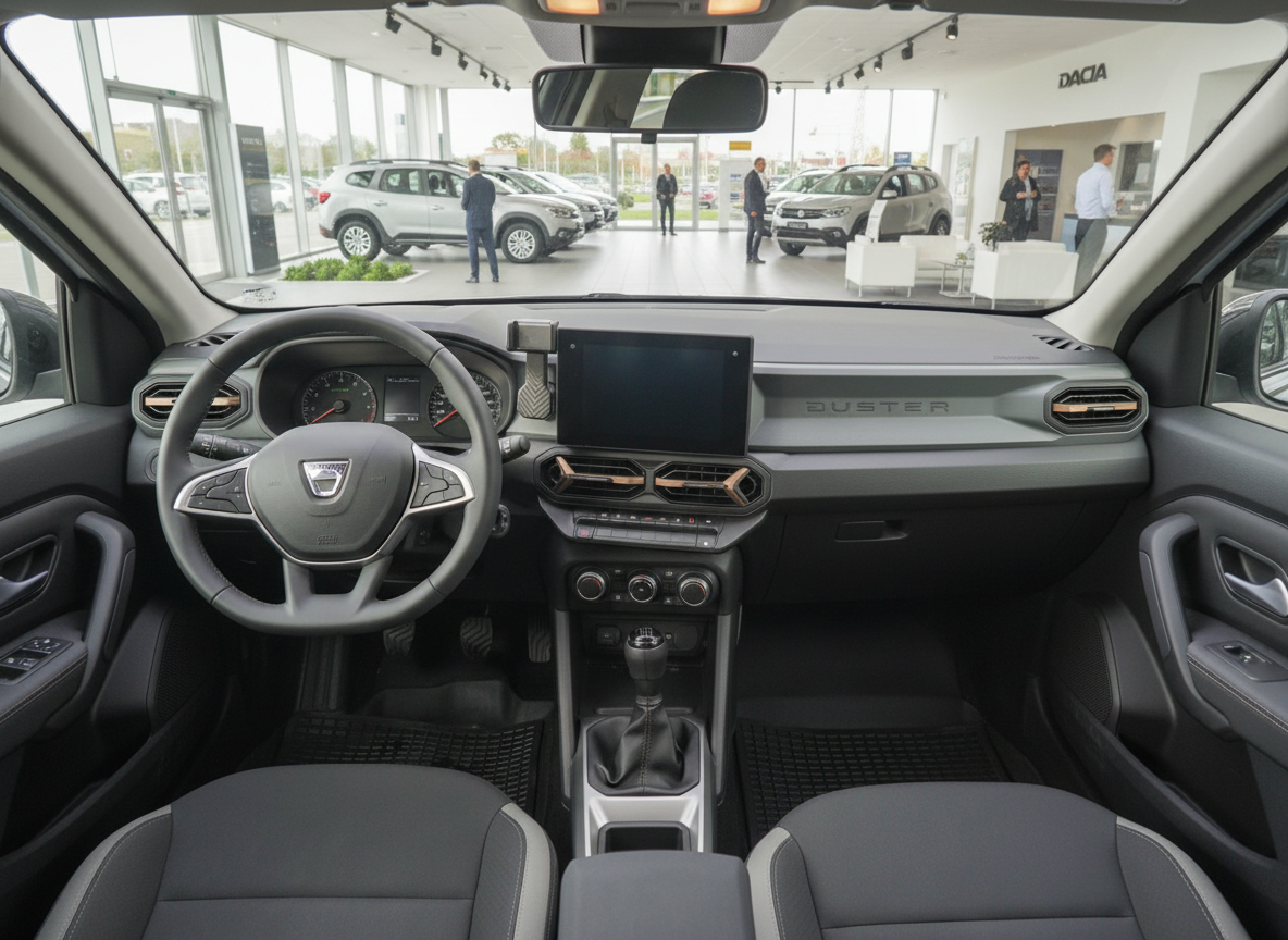 Dacia Duster Innenraum mit Cockpit, Lenkrad und Touchscreen im Autohaus