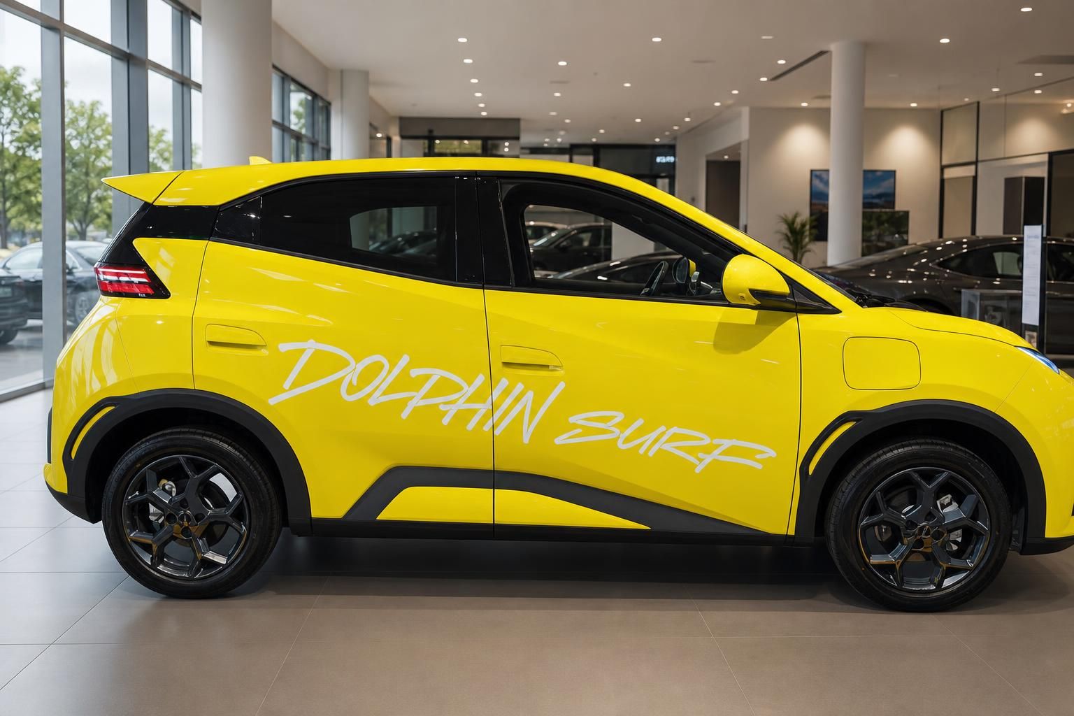 BYD Dolphin Surf in Gelb, Seitenansicht im Showroom