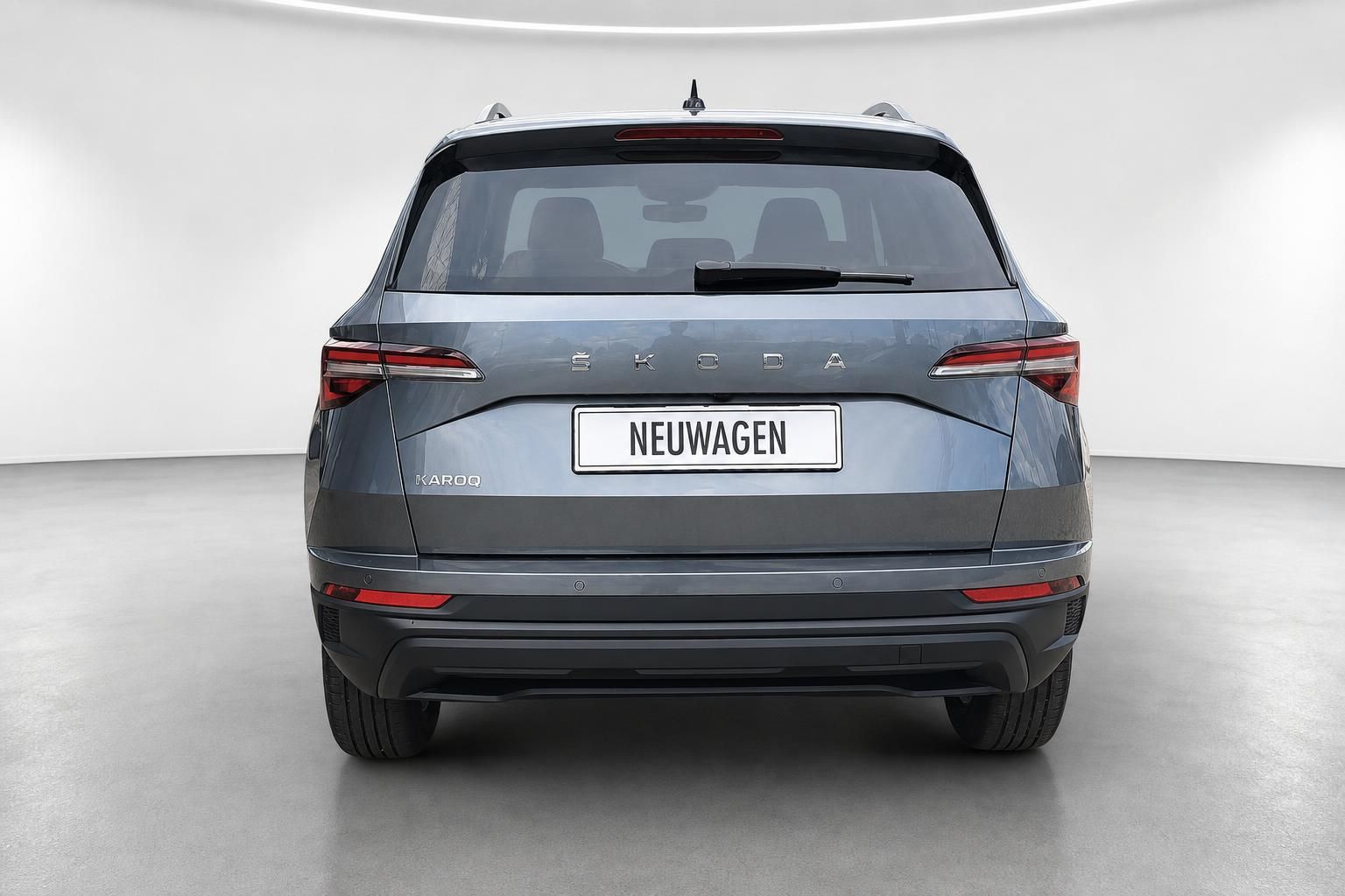 Skoda Karoq grau Heckansicht mit Kennzeichen Neuwagen