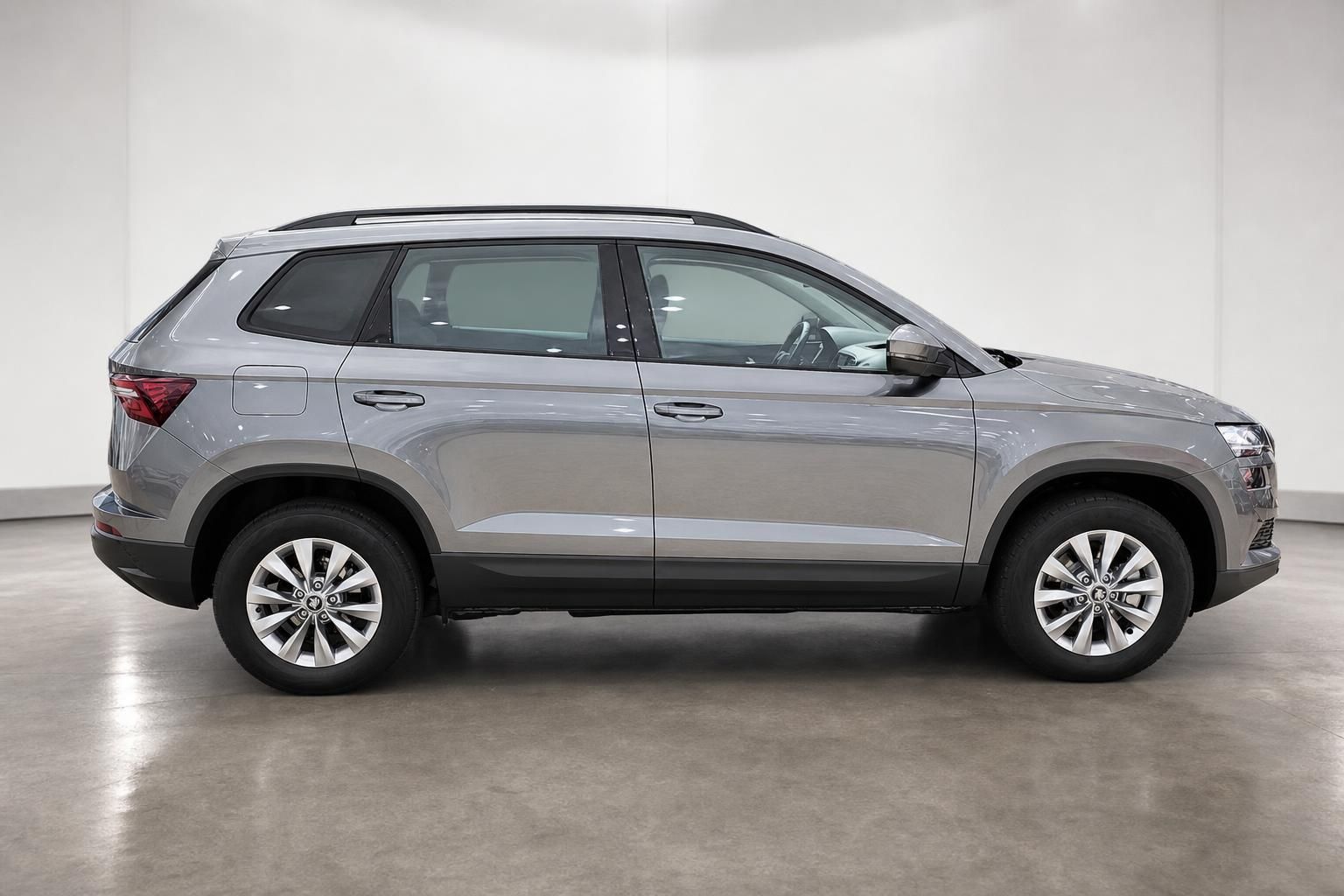 Skoda Karoq grau metallic Seitenansicht im Fotostudio