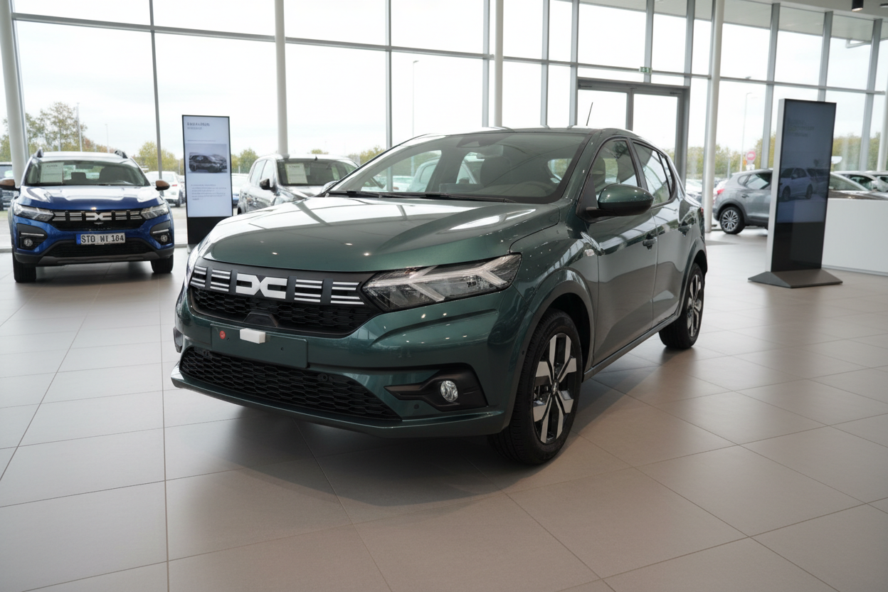 Dacia Sandero Stepway in Grün in Ausstellungsraum – Frontansicht schräg