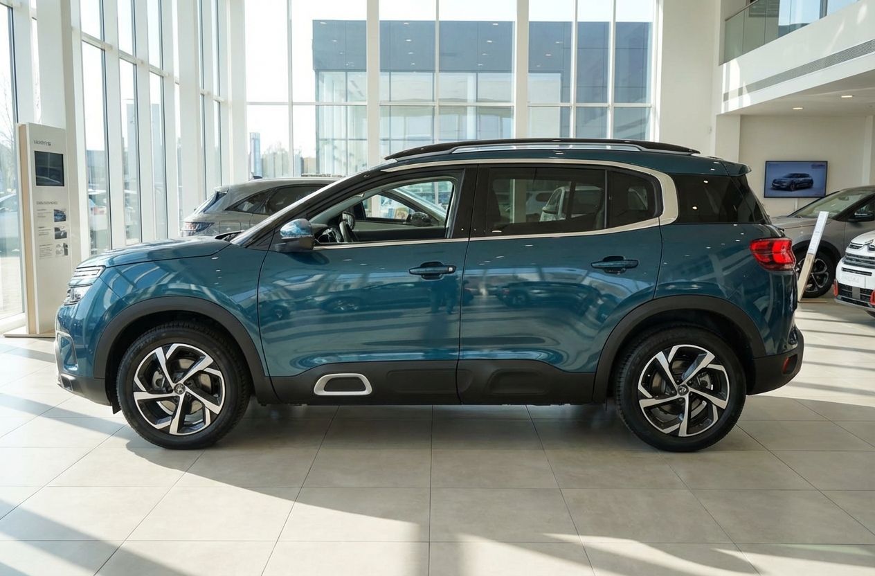 Citroën C5 Aircross SUV in Blau im Autohaus Showroom – Seitenansicht