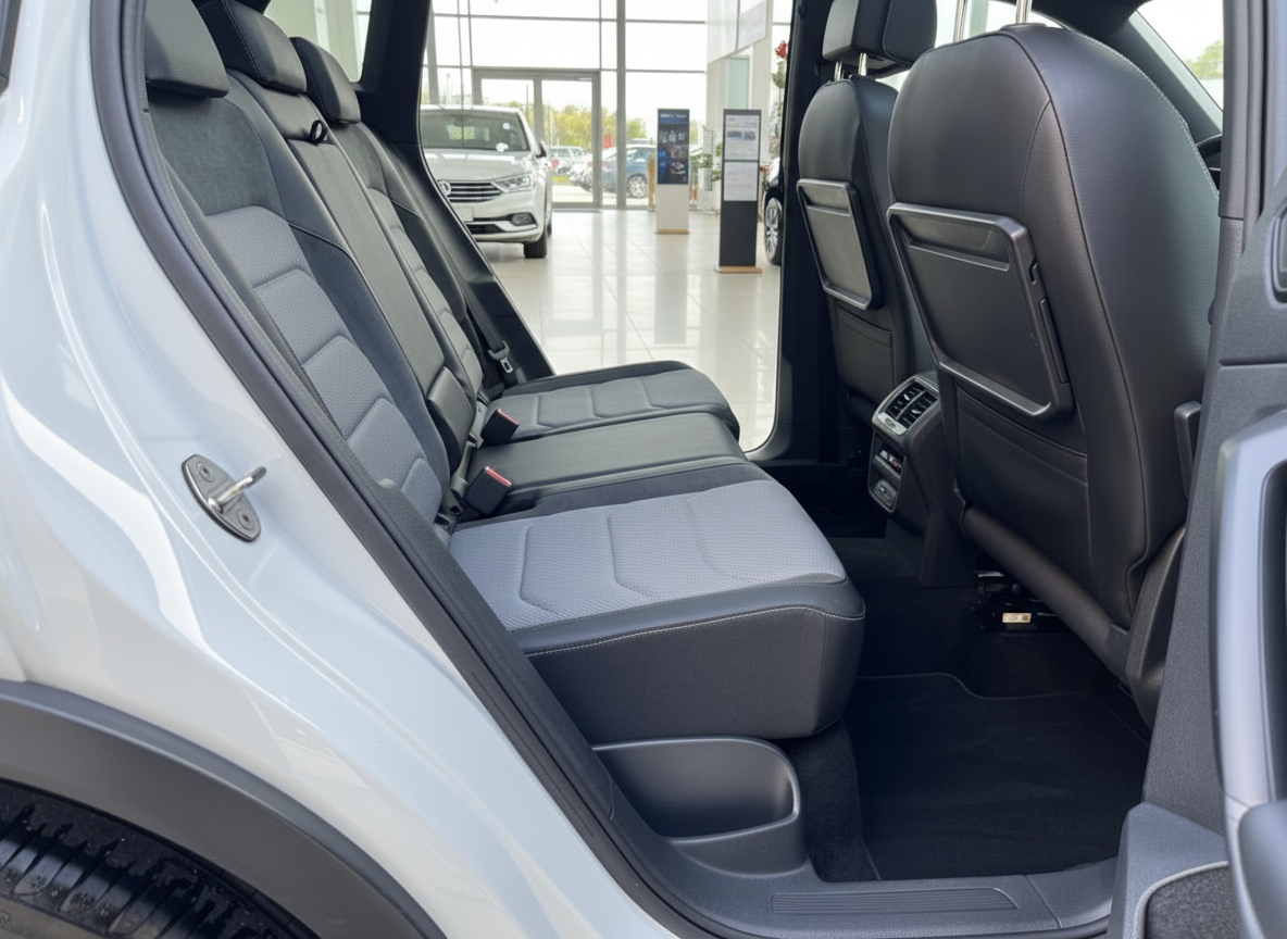 Volkswagen SUV Innenraum Rücksitzbank schwarz-grau mit Klimadüsen und Tablet-Halterung im Autohaus