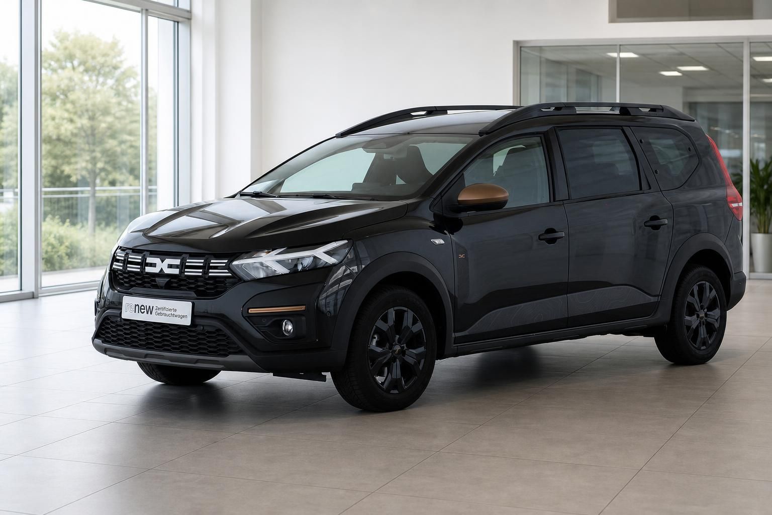 Dacia Jogger schwarz Front- und Seitenansicht im Autohaus
