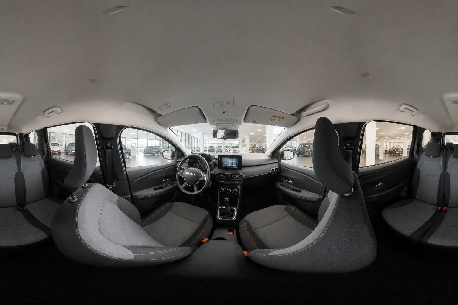 360-Grad Panorama Innenraum Dacia mit Sitzen und Cockpit