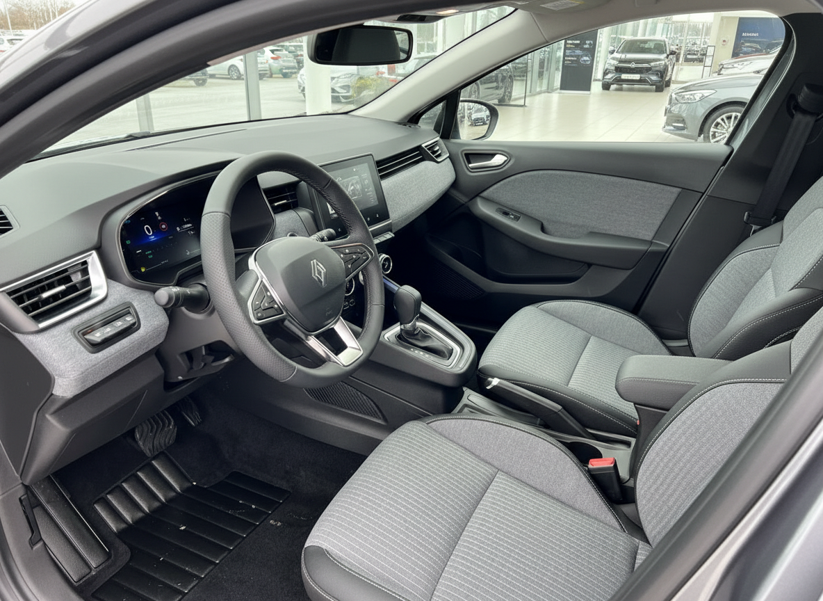 Renault Clio Innenraum mit digitalem Cockpit, Lenkrad und grauem Stoffsitzen in der Fahrzeughalle