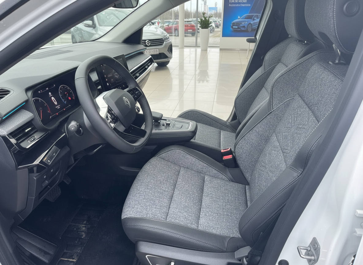 Renault Innenraum mit grau-schwarzen Stoffsitzen, Digitaltacho und modernem Cockpit