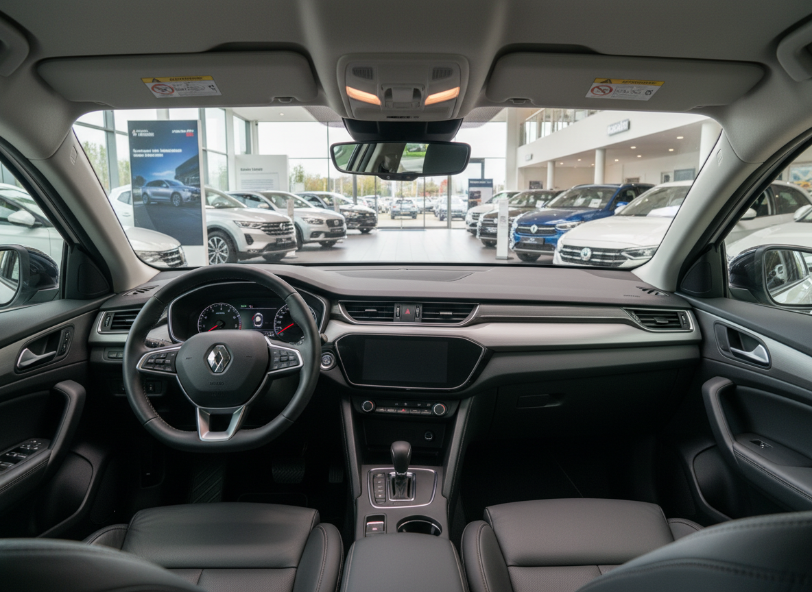 Renault Innenraum mit Lenkrad, Infotainment-Display und schwarzem Ledersitze im Autohaus