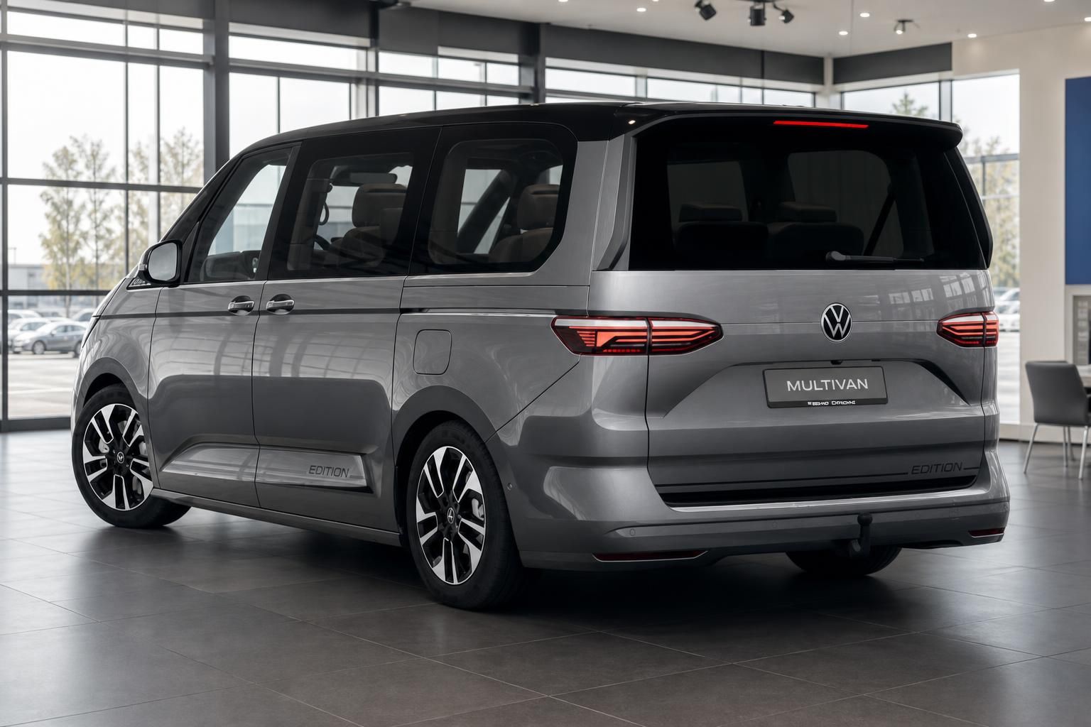 VW Multivan Edition in Grau, Heckansicht mit LED-Rückleuchten