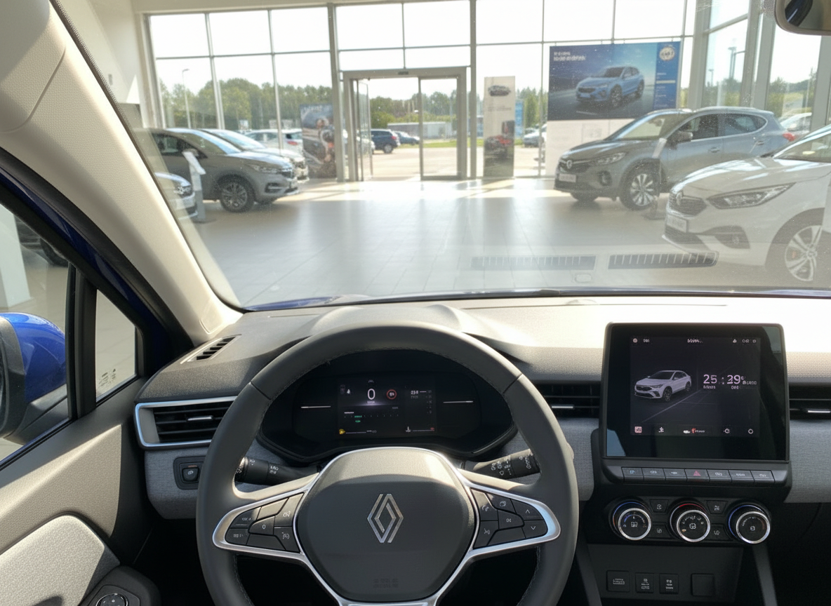 Renault Innenraum mit Lenkrad und Infotainment-Display im Autohaus