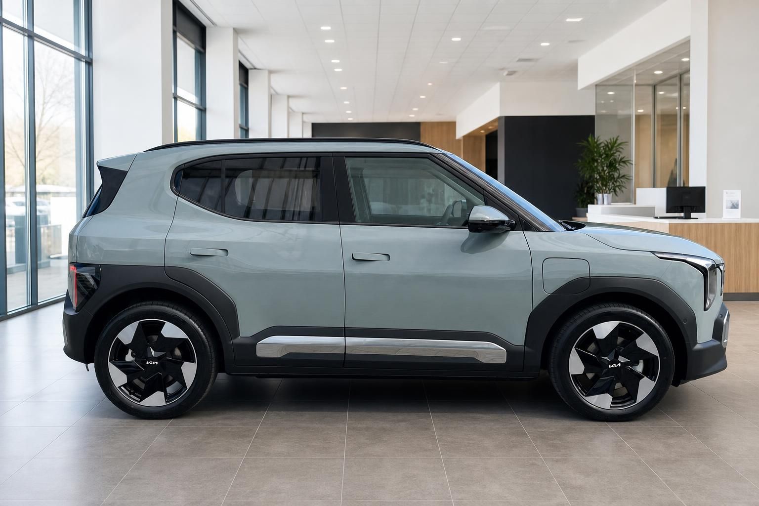 Kia EV2 in Salbeigrün, Seitenansicht im Autohaus-Showroom