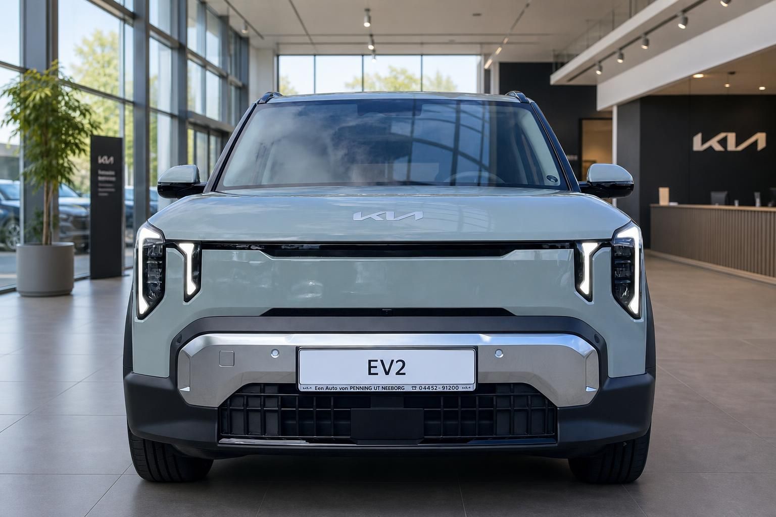 Kia EV2 Frontalansicht mit LED-Scheinwerfern im Showroom