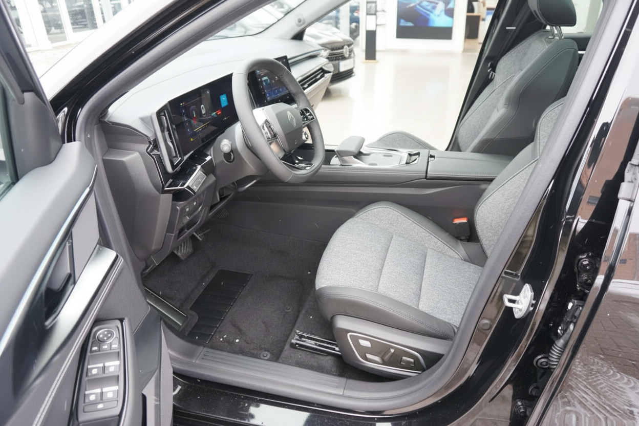 Fahrzeuginnenraum mit grauem Leder-Stoff-Sitz, digitalem Cockpit und modernem Lenkrad