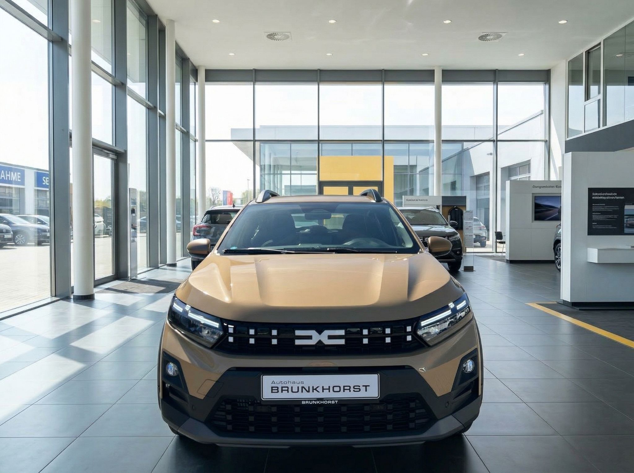 Goldener Dacia SUV von vorne im modernen Autohaus - LED-Scheinwerfer und Kühlergrill