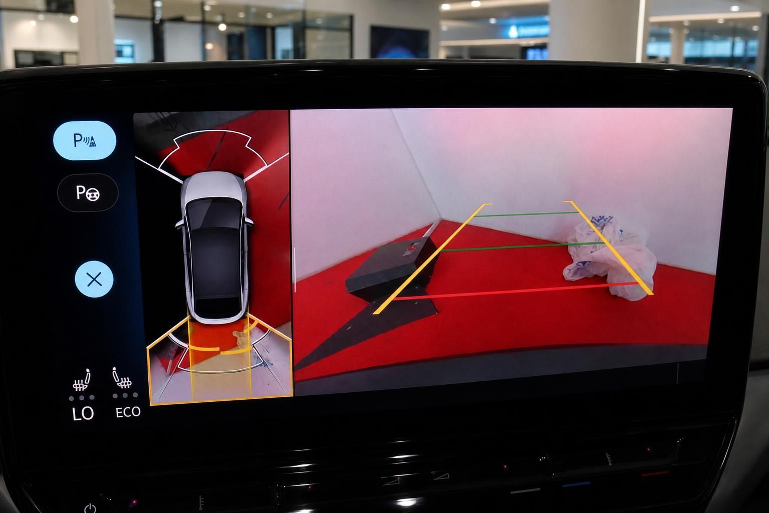 360-Grad-Kamera und Einparkhilfe im Display des Volkswagen Cockpits