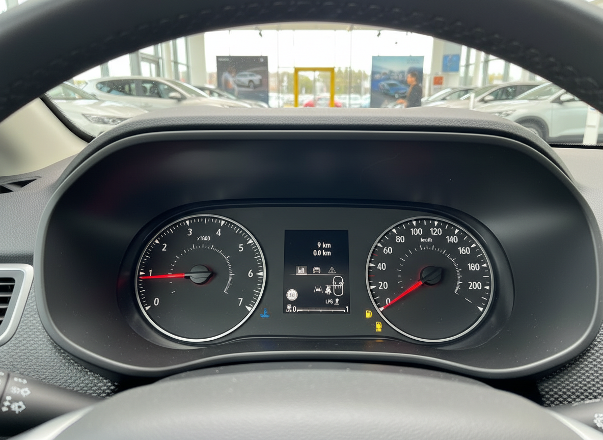 Tacho und Armaturenbrett eines Renault Fahrzeugs mit 9 km Kilometerstand im Autohaus