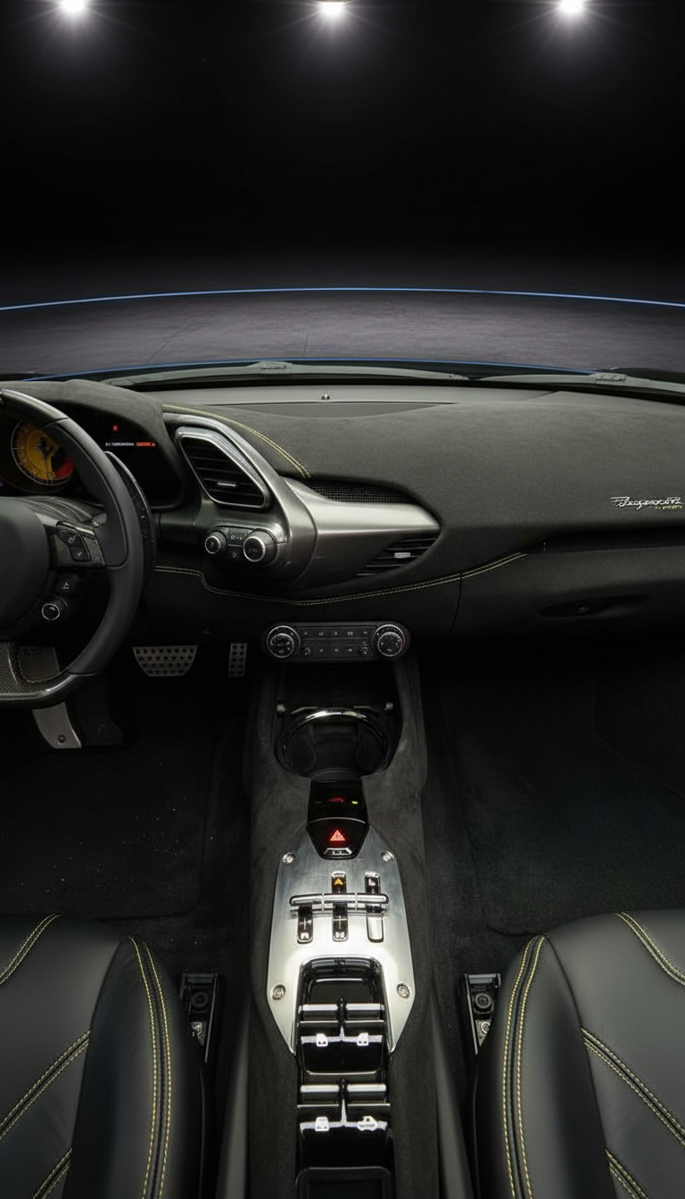 Ferrari Innenraum mit Alcantara-Armaturenbrett, Lenkrad und Mittelkonsole in Schwarz mit gelben Ziernähten
