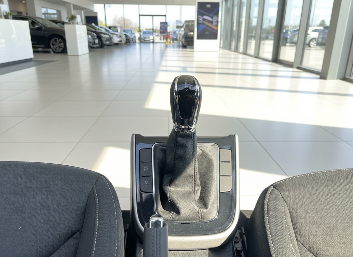 Automatik-Schalthebel Interieur eines Neuwagens im Autohaus-Showroom
