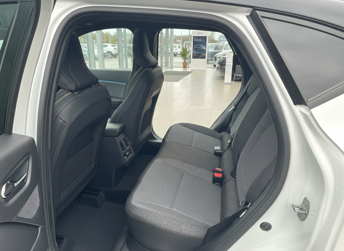 Innenraum Rücksitzbank eines weißen SUV mit schwarzen Ledersitzen im Autohaus