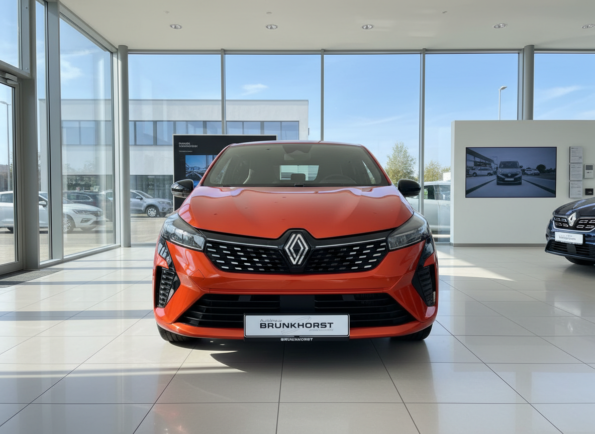 Renault Clio in leuchtendem Orange-Rot, Frontansicht im Autohaus Brunkhorst Showroom
