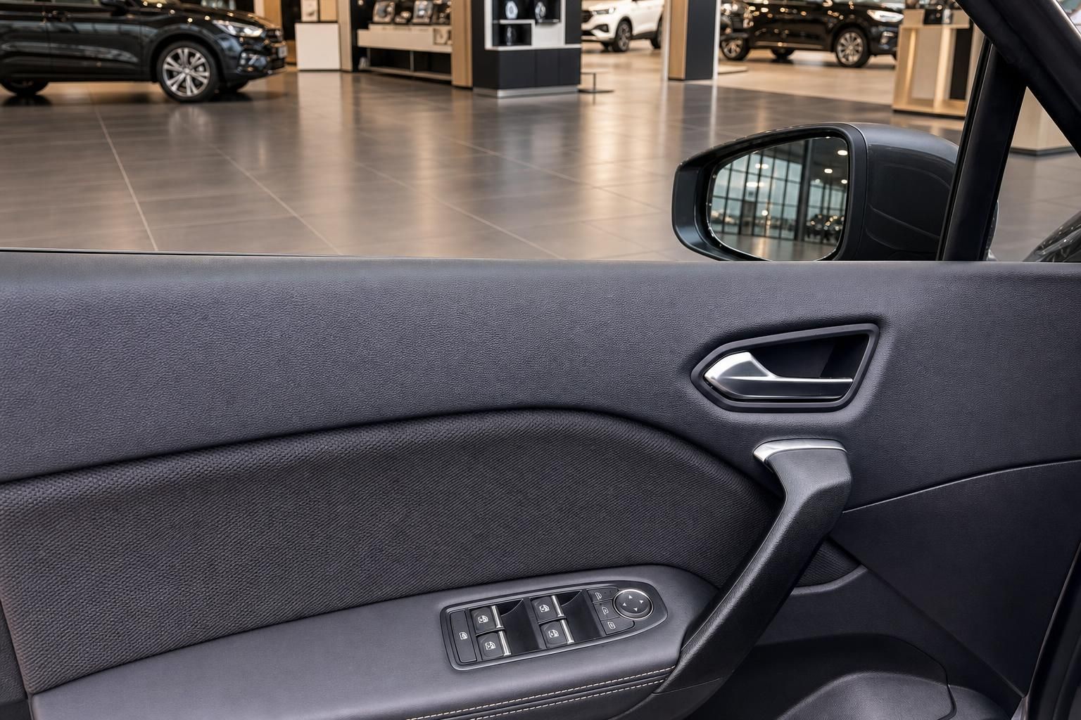 Türverkleidung und Seitenspiegel im Fahrzeuginnenraum Autohaus