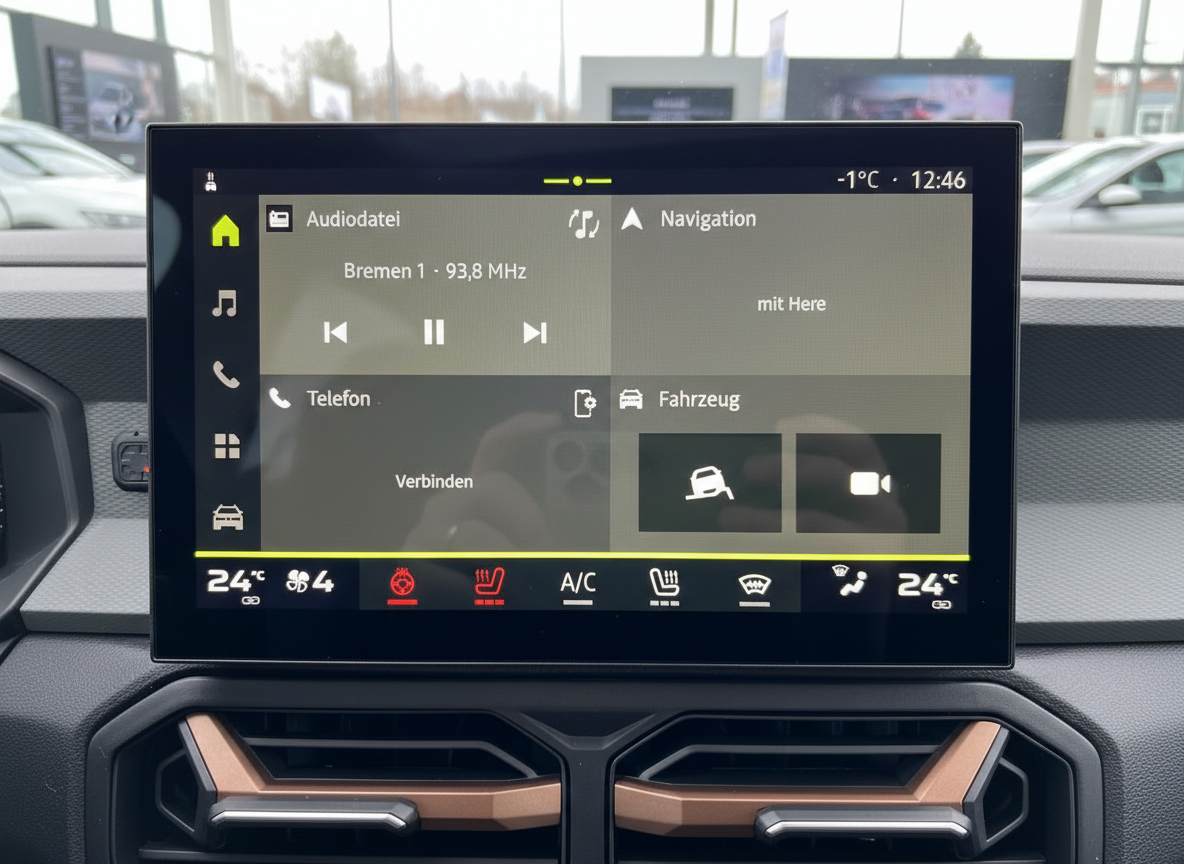 Fahrzeug-Infotainment-Display mit Radio Bremen 1, Navigation und Klimasteuerung bei -1°C