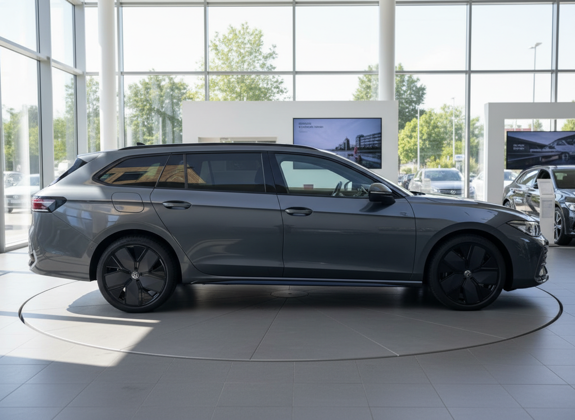 Volkswagen Passat Variant Kombi grau metallic im Autohaus Showroom Seitenansicht