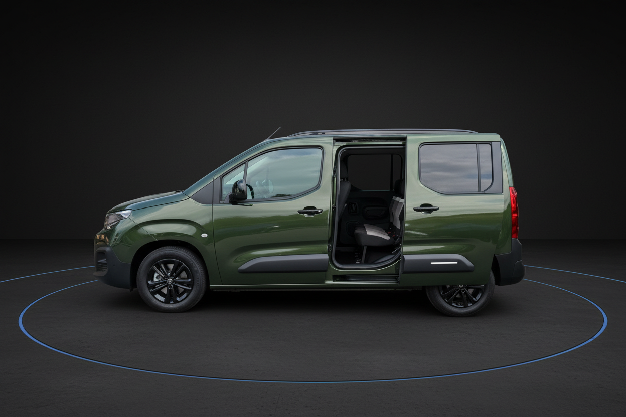 Grüner Peugeot Rifter/Toyota Proace City Verso mit geöffneter Schiebetür in Studioaufnahme
