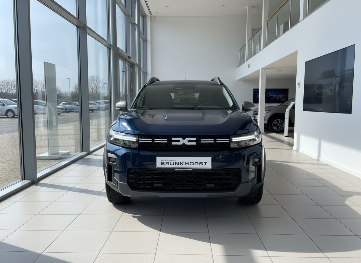Dacia Duster SUV in Dunkelblau Frontansicht im Autohaus Brunkhorst Showroom