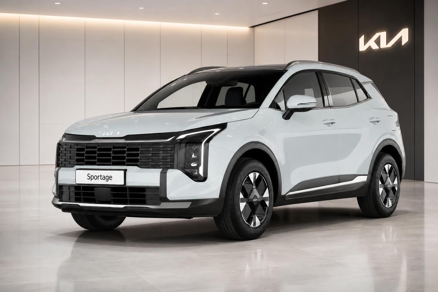Kia Sportage in Weiß, Frontansicht schräg im Showroom