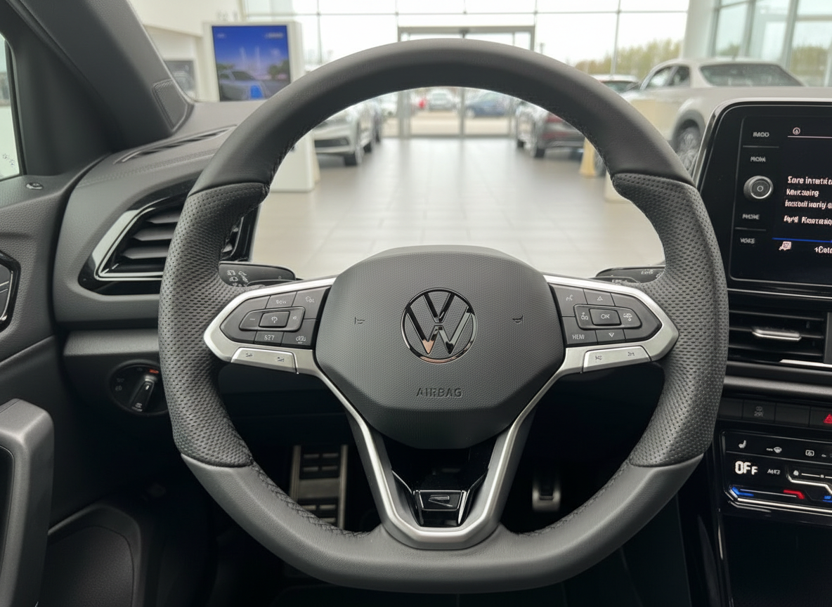 Volkswagen Innenraum Lenkrad mit VW-Logo und Multifunktionstasten im Autohaus