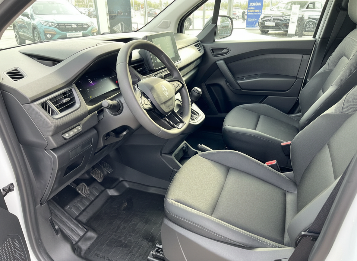 Renault Kangoo Innenraum mit schwarzem Lenkrad, Cockpit und Fahrersitz in grauem Design