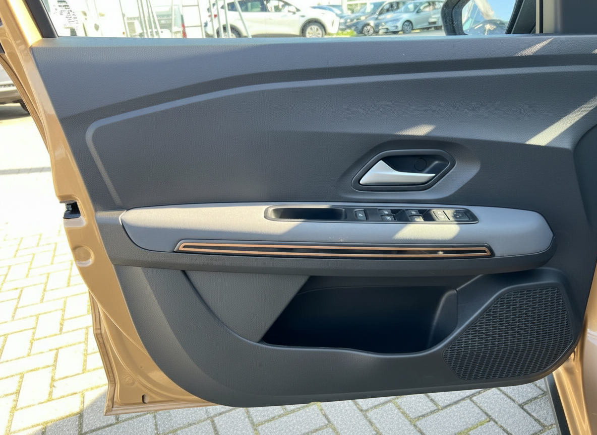 Fahrzeugtür Innenansicht mit elektrischen Fensterhebern und Lautsprecher in gold-braunem Auto