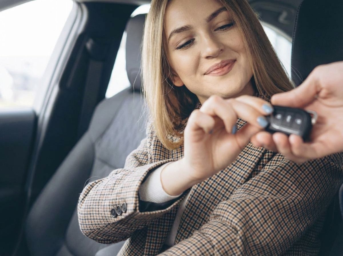 Frau erhält Autoschlüssel im Fahrzeuginnenraum – Fahrzeugübergabe im Autohaus