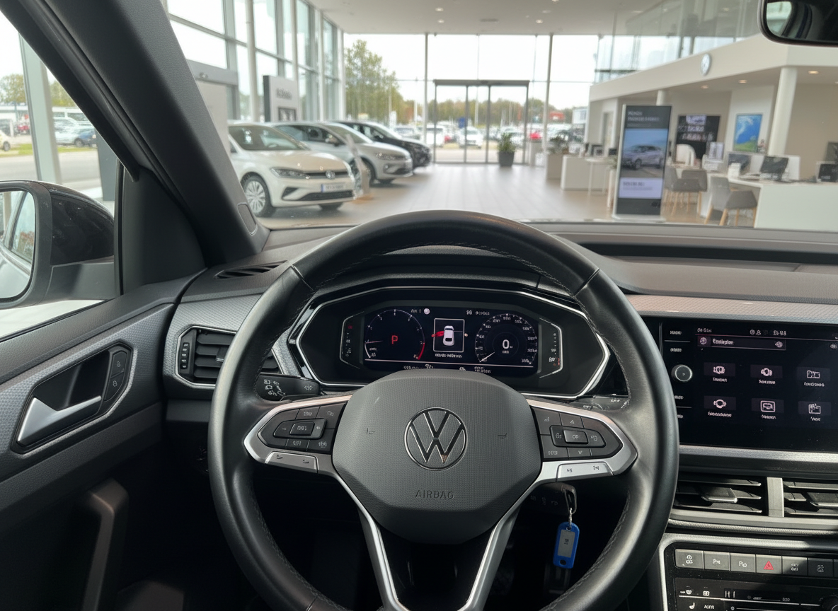 Volkswagen Innenraum mit Lenkrad, Digitaltacho und Infotainment-Display im VW-Autohaus