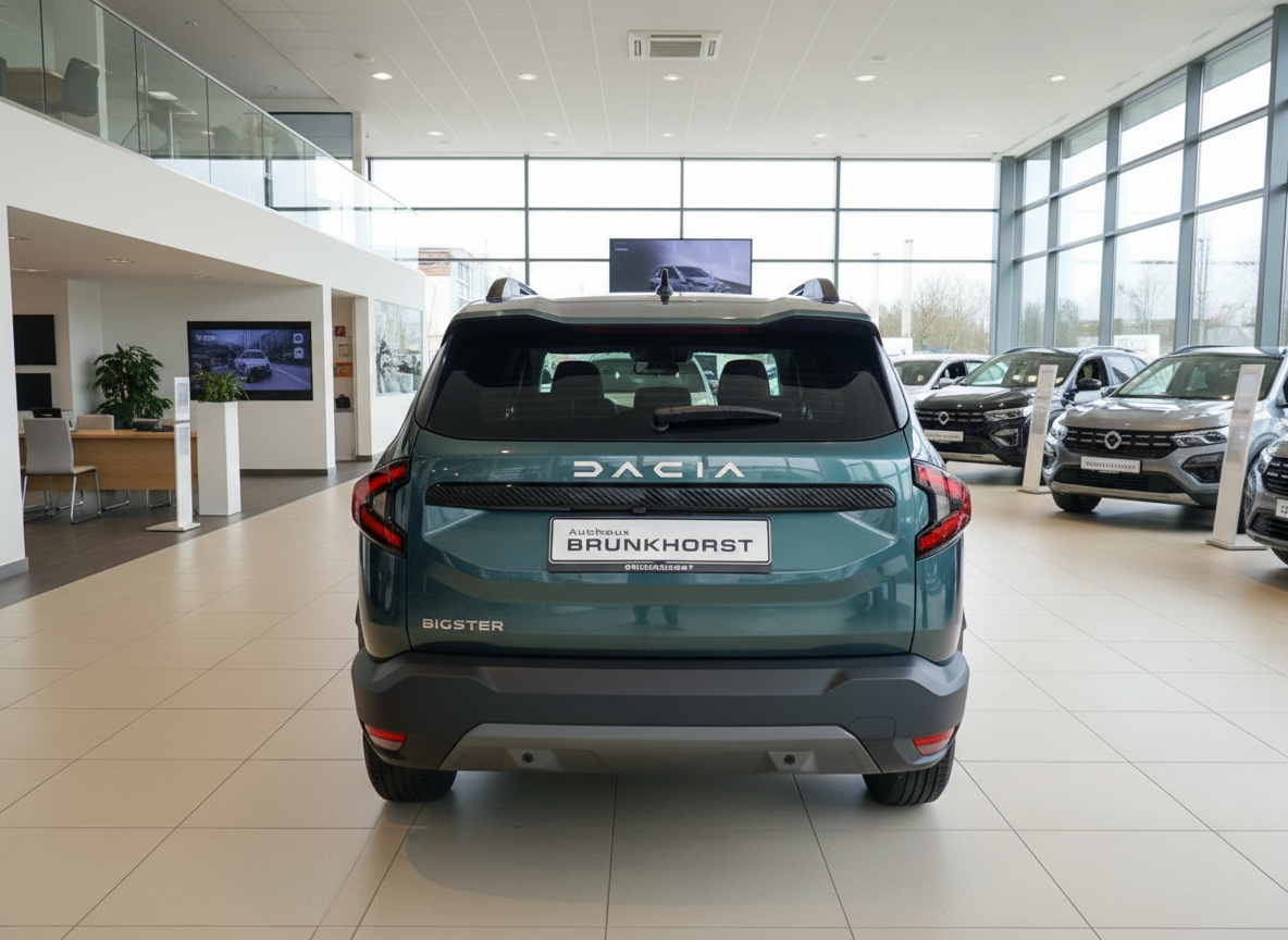 Dacia Bigster SUV in Grün-Blau von hinten im Autohaus Brunkhorst Showroom