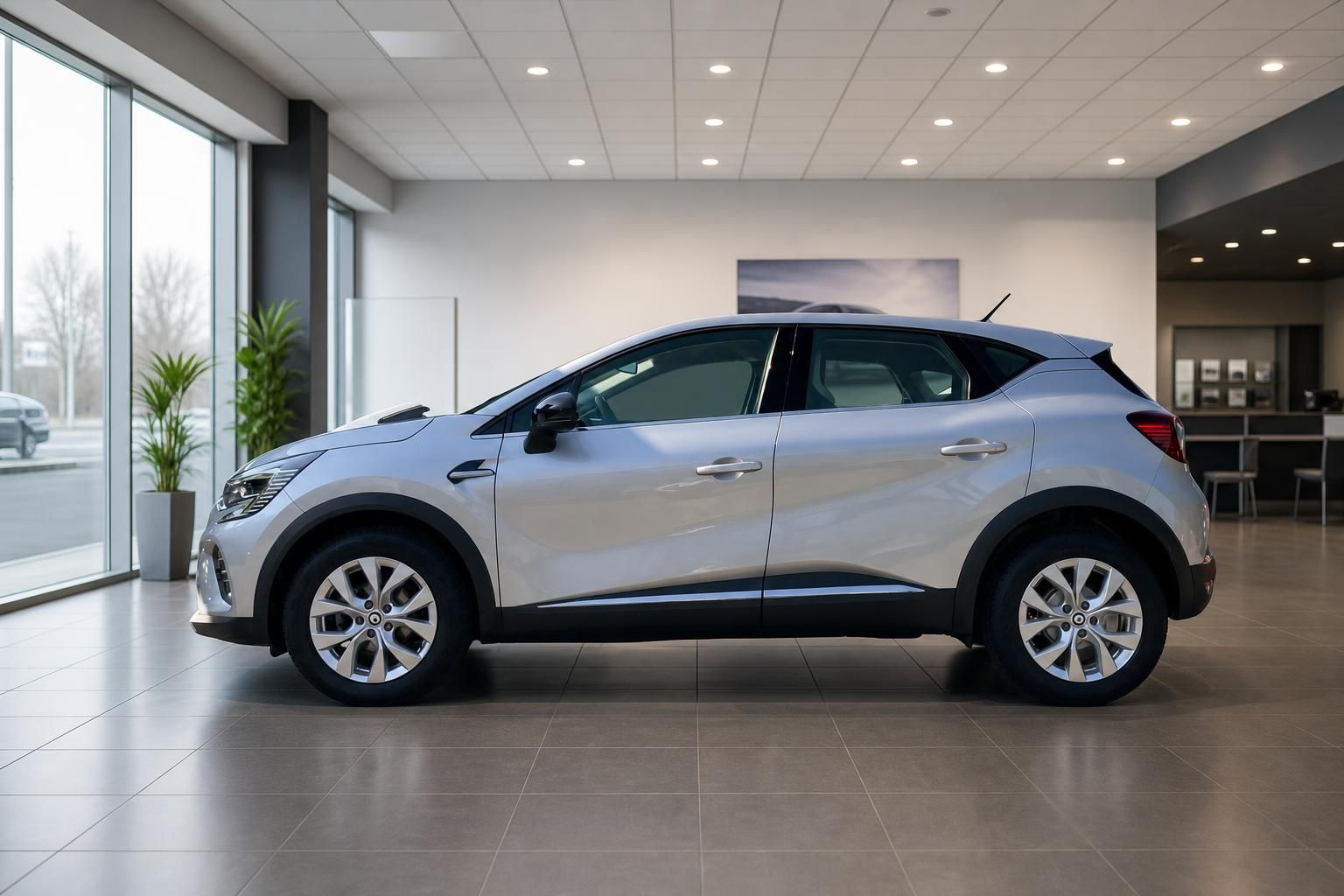 Renault Captur silber Seitenansicht links im Autohaus Showroom
