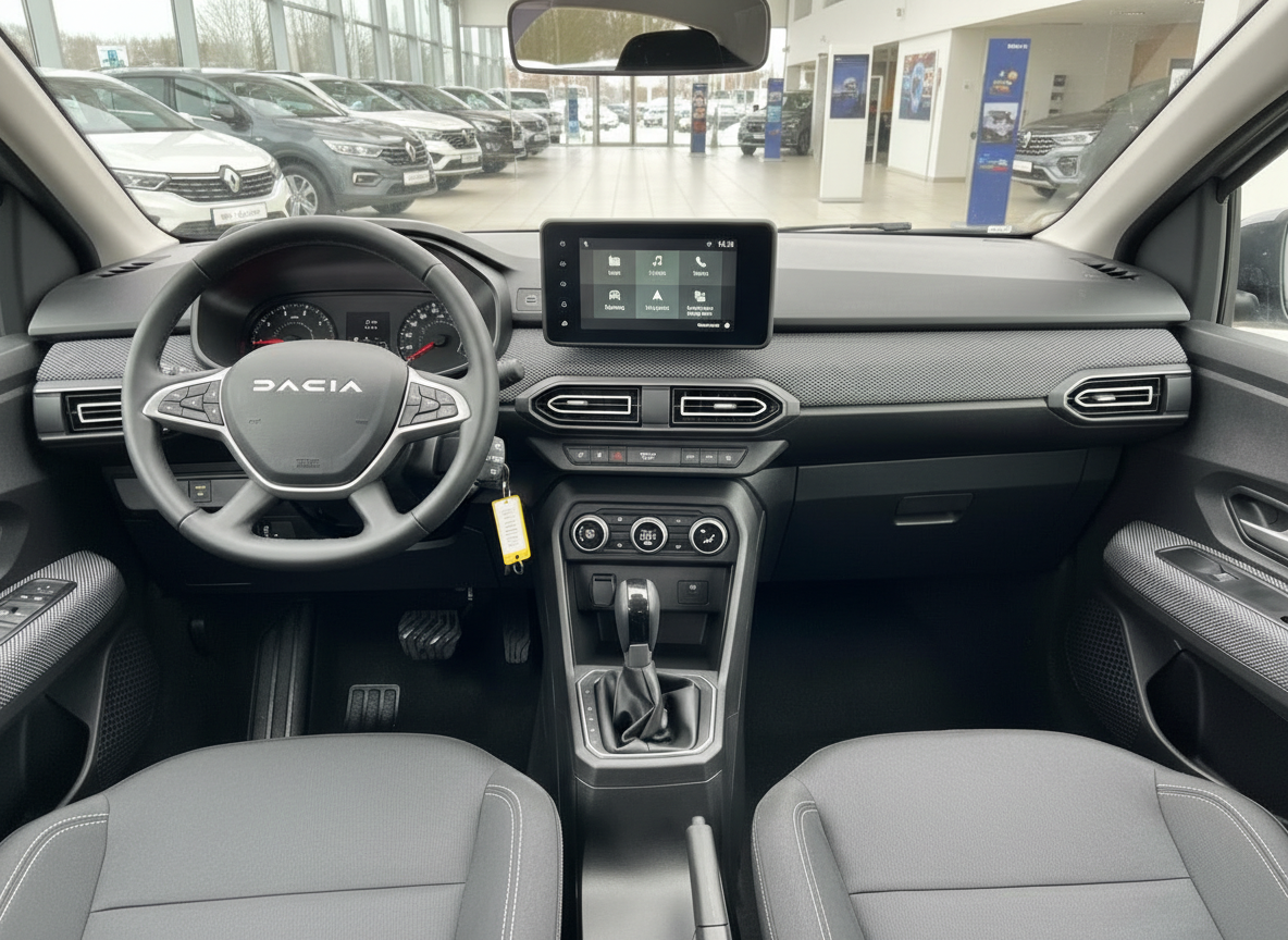 Dacia Innenraum mit Lenkrad, Touchscreen-Infotainment und Schaltgetriebe in grauem Cockpit