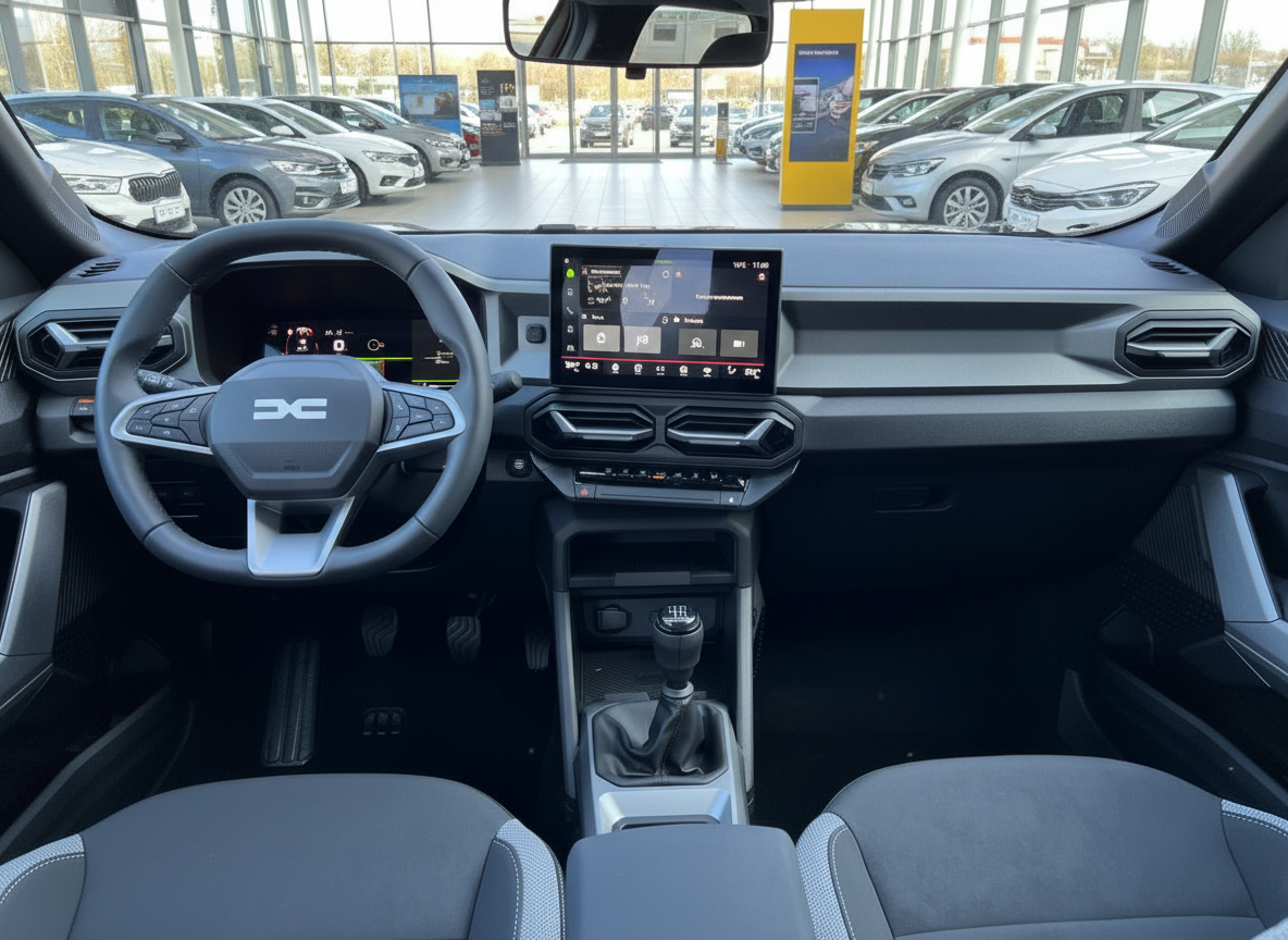 Dacia Innenraum mit Lenkrad, Touchscreen und Schaltgetriebe im Autohaus