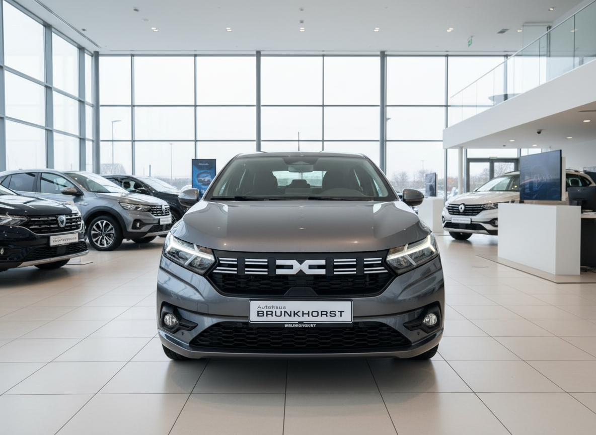 Grauer Dacia Sandero Frontansicht im Autohaus Brunkhorst Showroom