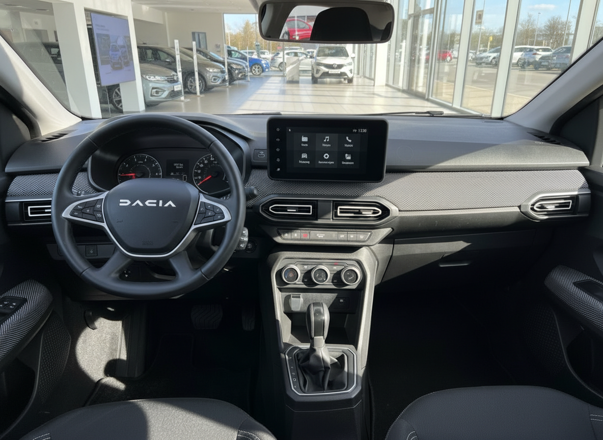 Dacia Innenraum mit Touchscreen, Lenkrad und Schaltgetriebe – modernes Cockpit