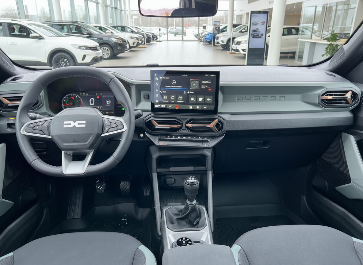 Dacia Duster Innenraum mit Touchscreen, Schaltgetriebe und modernem Cockpit im Autohaus