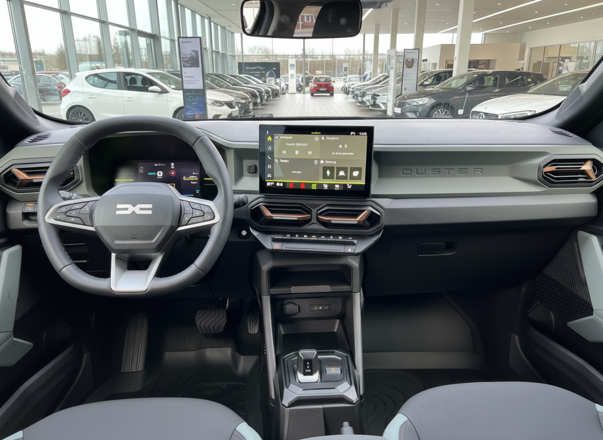 Dacia Duster Innenraum Cockpit mit digitalem Tacho und Infotainment-Touchscreen im Autohaus