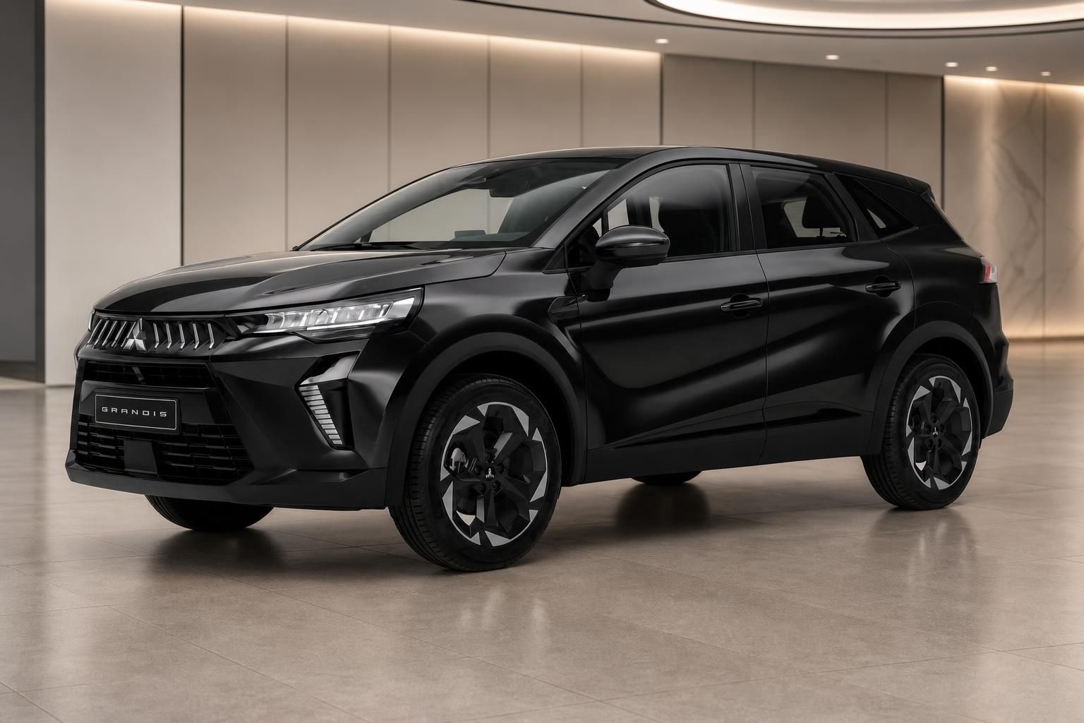 Mitsubishi Grandis schwarz, Seitenansicht in Ausstellungshalle