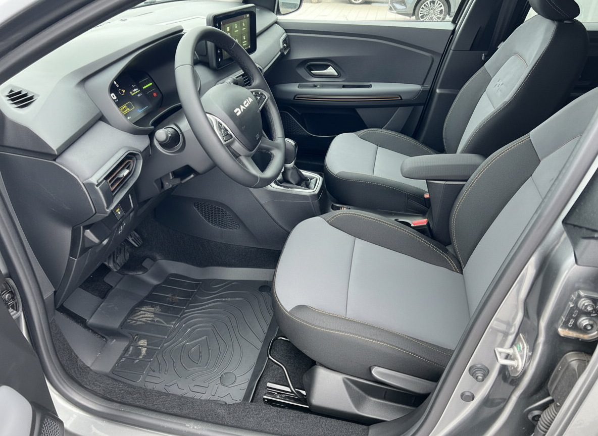 Dacia Innenraum Fahrerseite mit digitalem Cockpit, Lenkrad und Stoffsitzen in Grau-Schwarz
