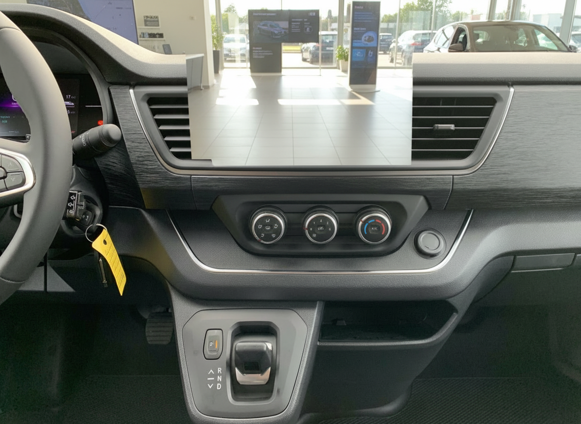 Fahrzeug Innenraum mit Infotainment-Touchscreen, Klimabedienteilen und Automatikgetriebe im Showroom